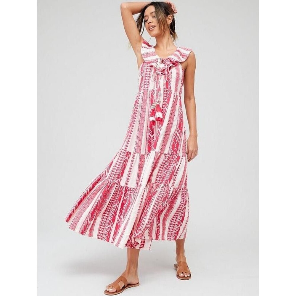 V by Very Frill Detail Jacquard Midi Resort Dress Ruffle Tiered Cotton M 273403